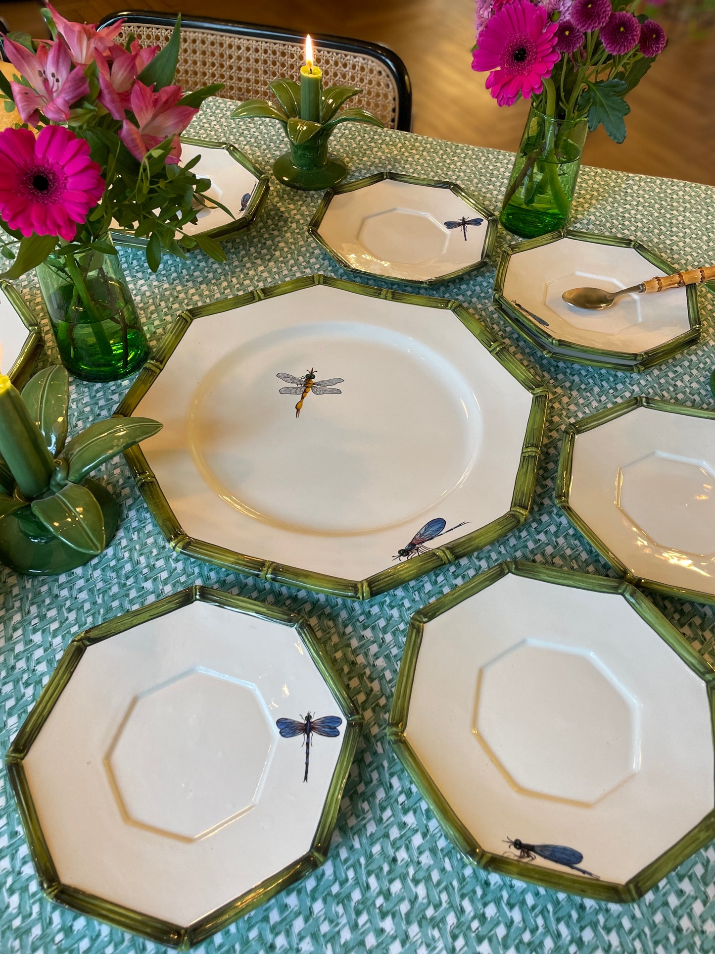 5 assiettes à dessert décor bambou et libellules Made in Italy