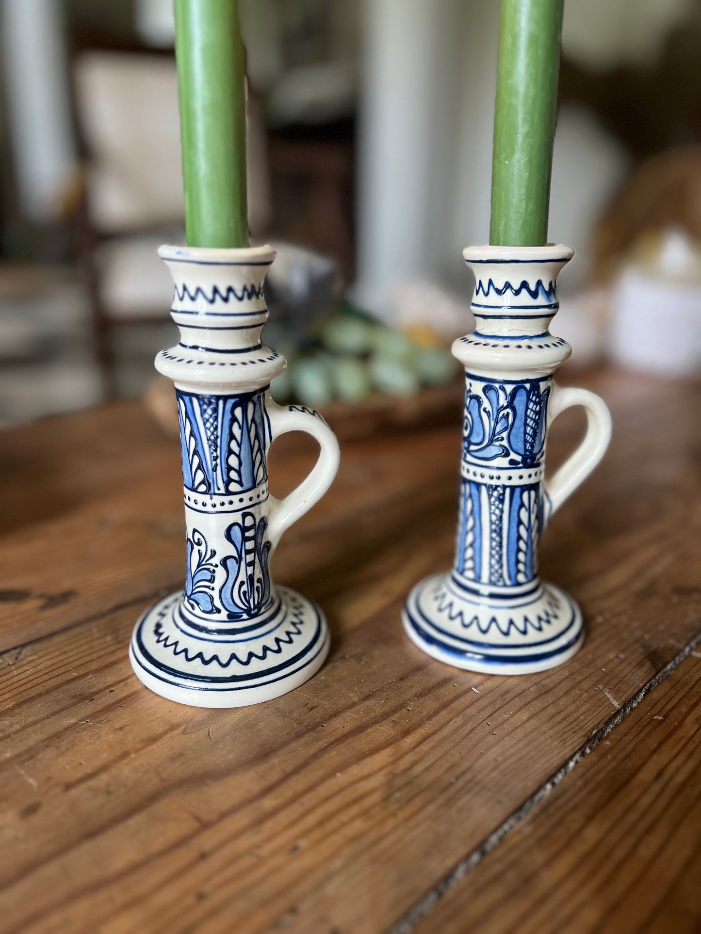 2 bougeoirs céramique bleu et blanc