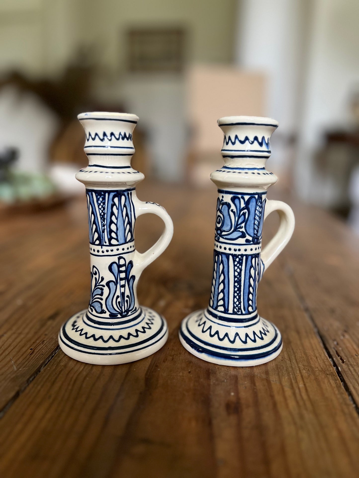 2 bougeoirs céramique bleu et blanc