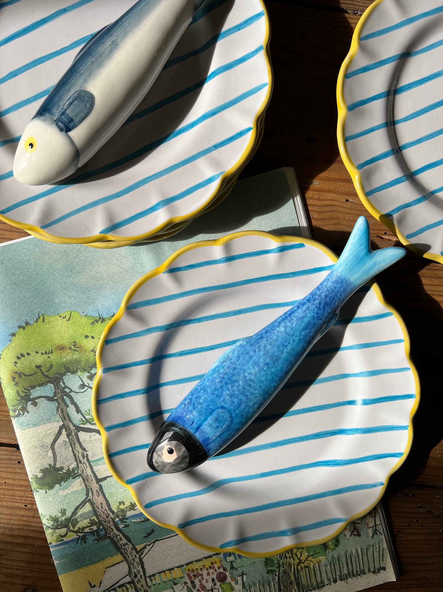 4 assiettes plates rayures bleues