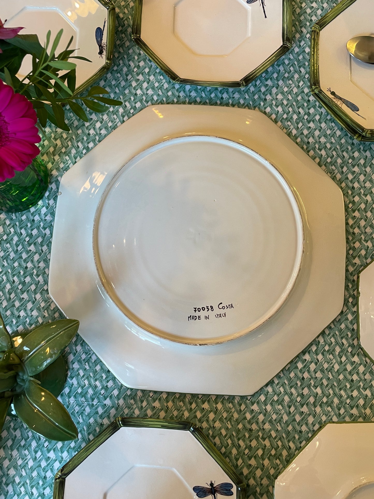 7 assiettes à dessert et un plat décor bambou et libellules Made in Italy