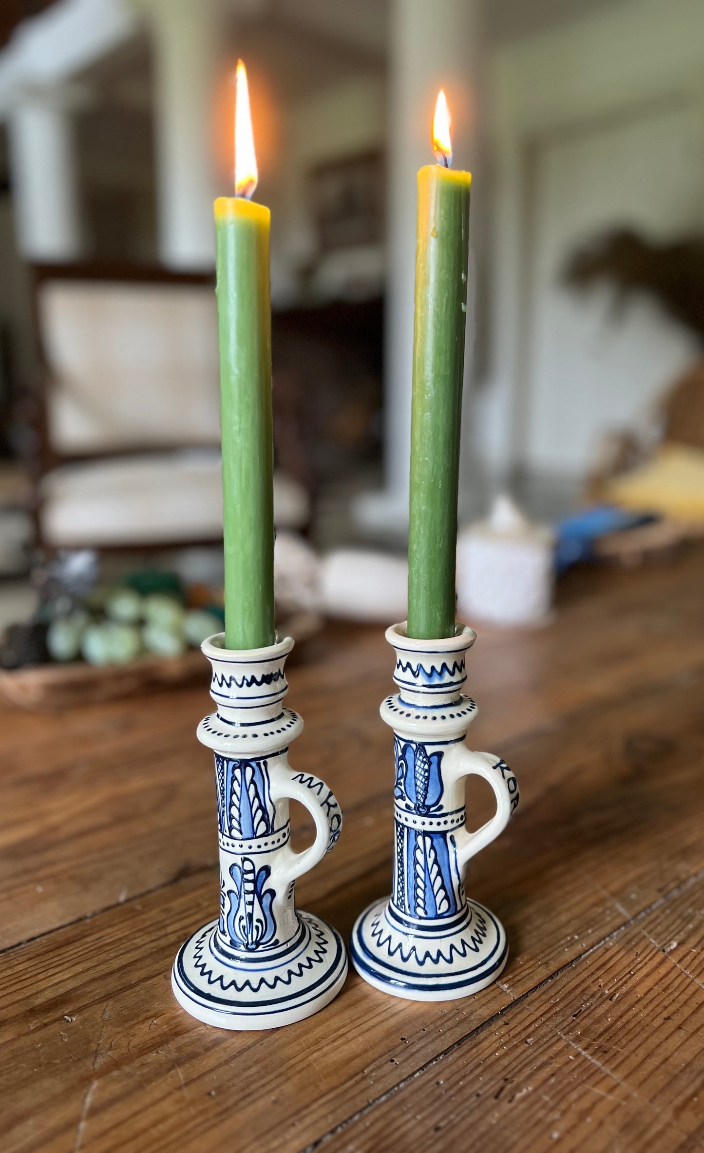 2 bougeoirs céramique bleu et blanc