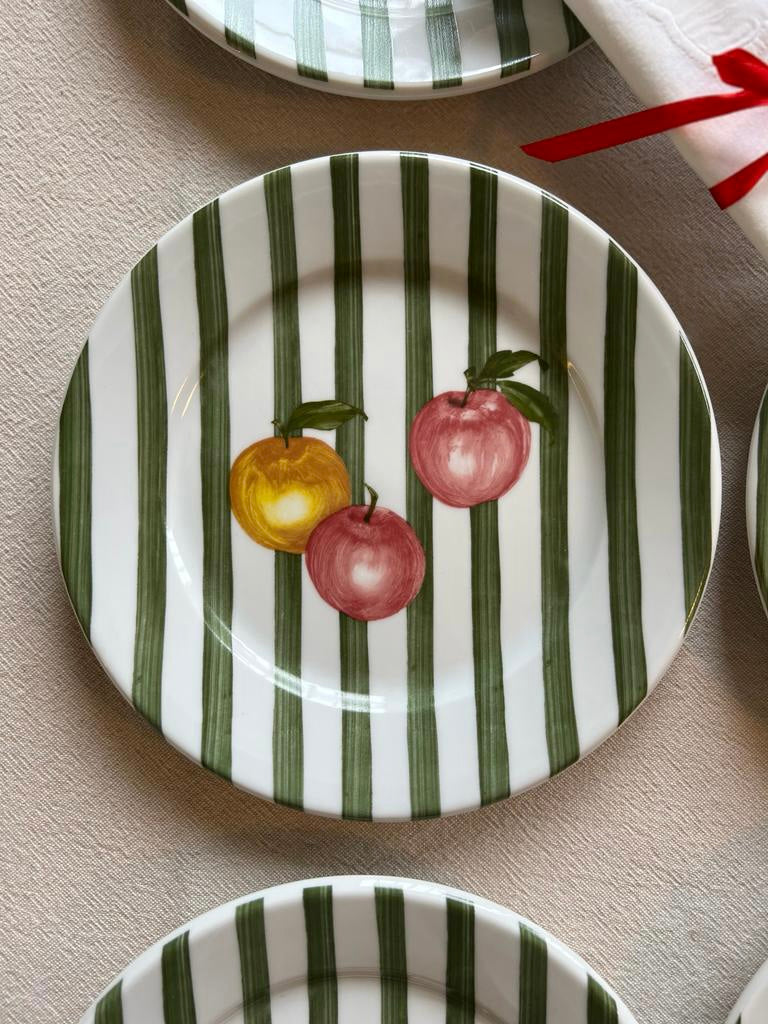 6 assiettes à dessert rayées pommes