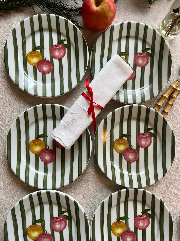 6 assiettes à dessert rayées pommes