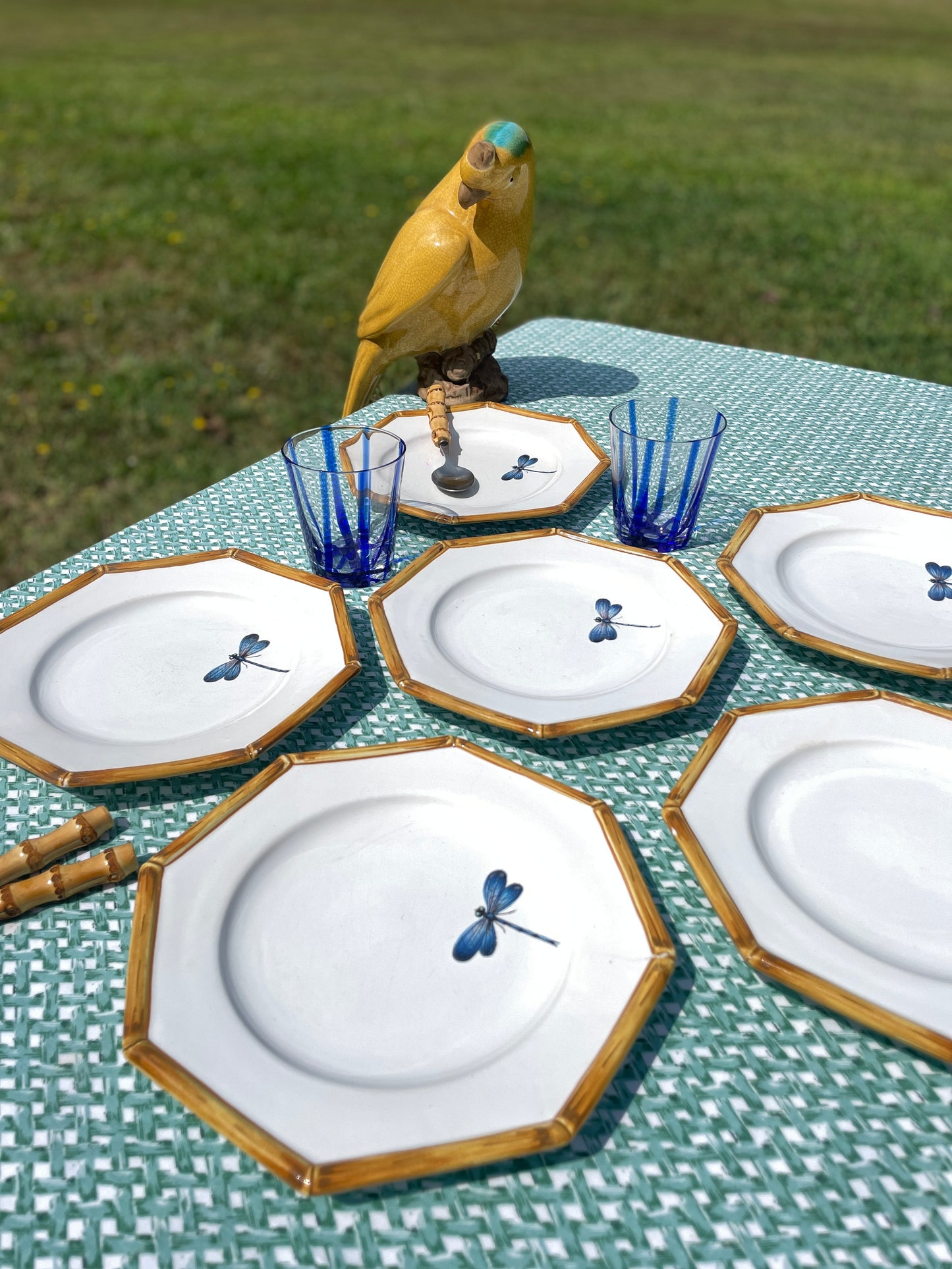 6 assiettes à dessert décor bambou et libellule