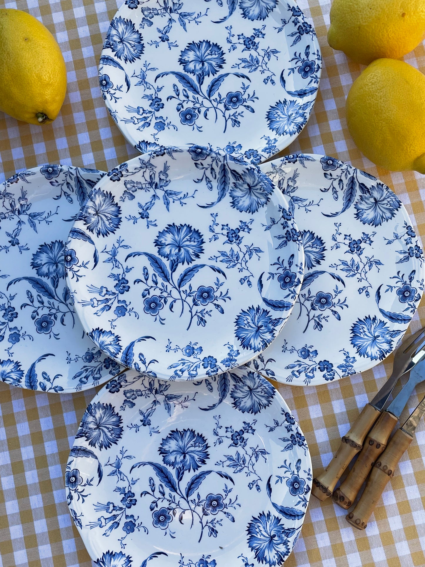 5 assiettes à dessert œillets Gien & Enoch Wedgwood