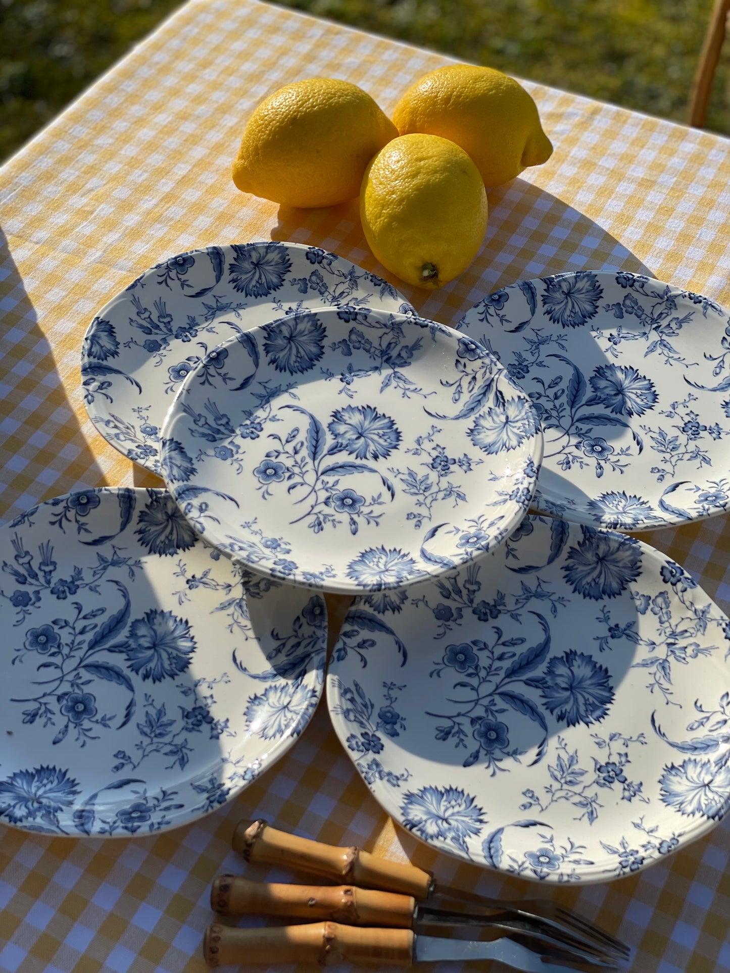 5 assiettes à dessert œillets Gien & Enoch Wedgwood