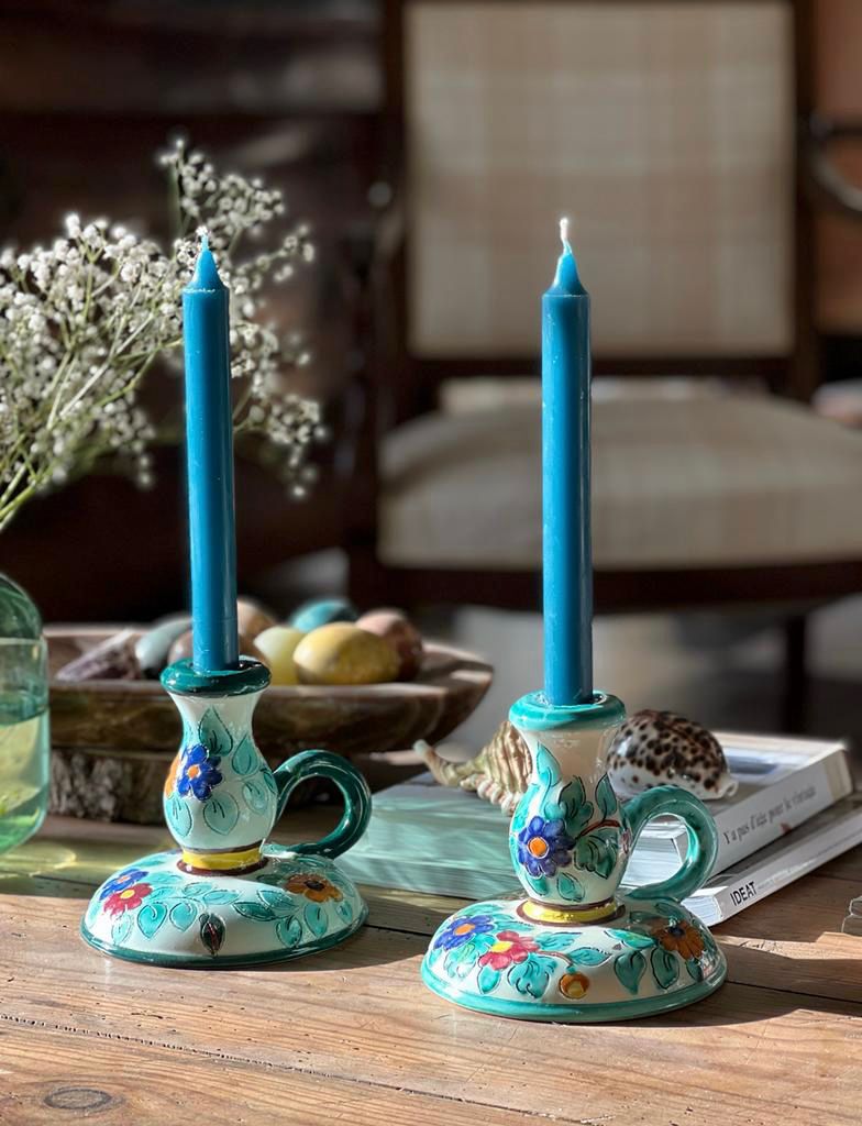 Paire de bougeoirs céramique fleurs