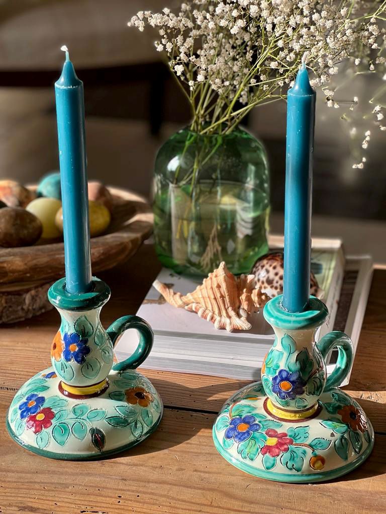 Paire de bougeoirs céramique fleurs