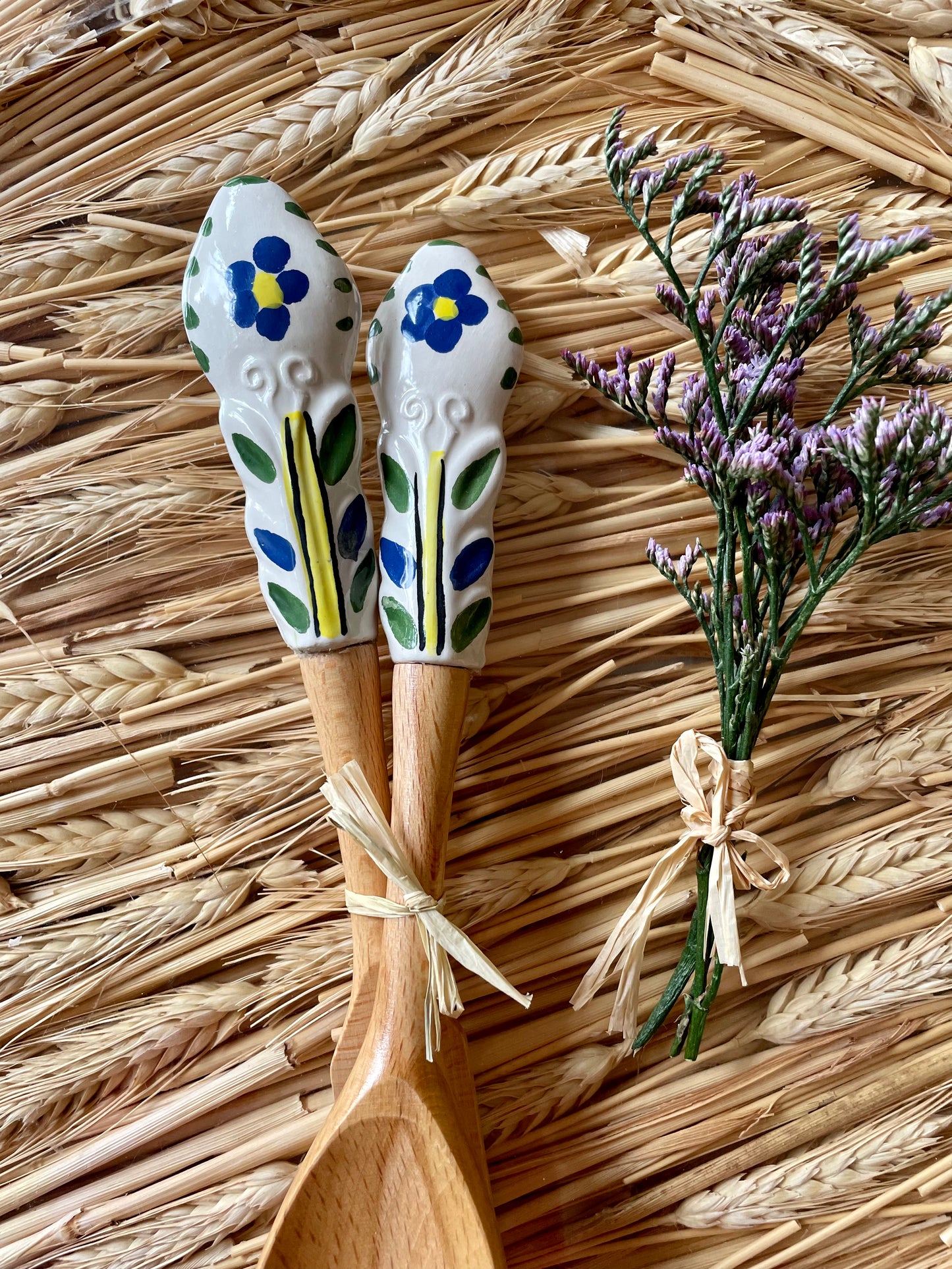 Couverts à salade fleurs bleu