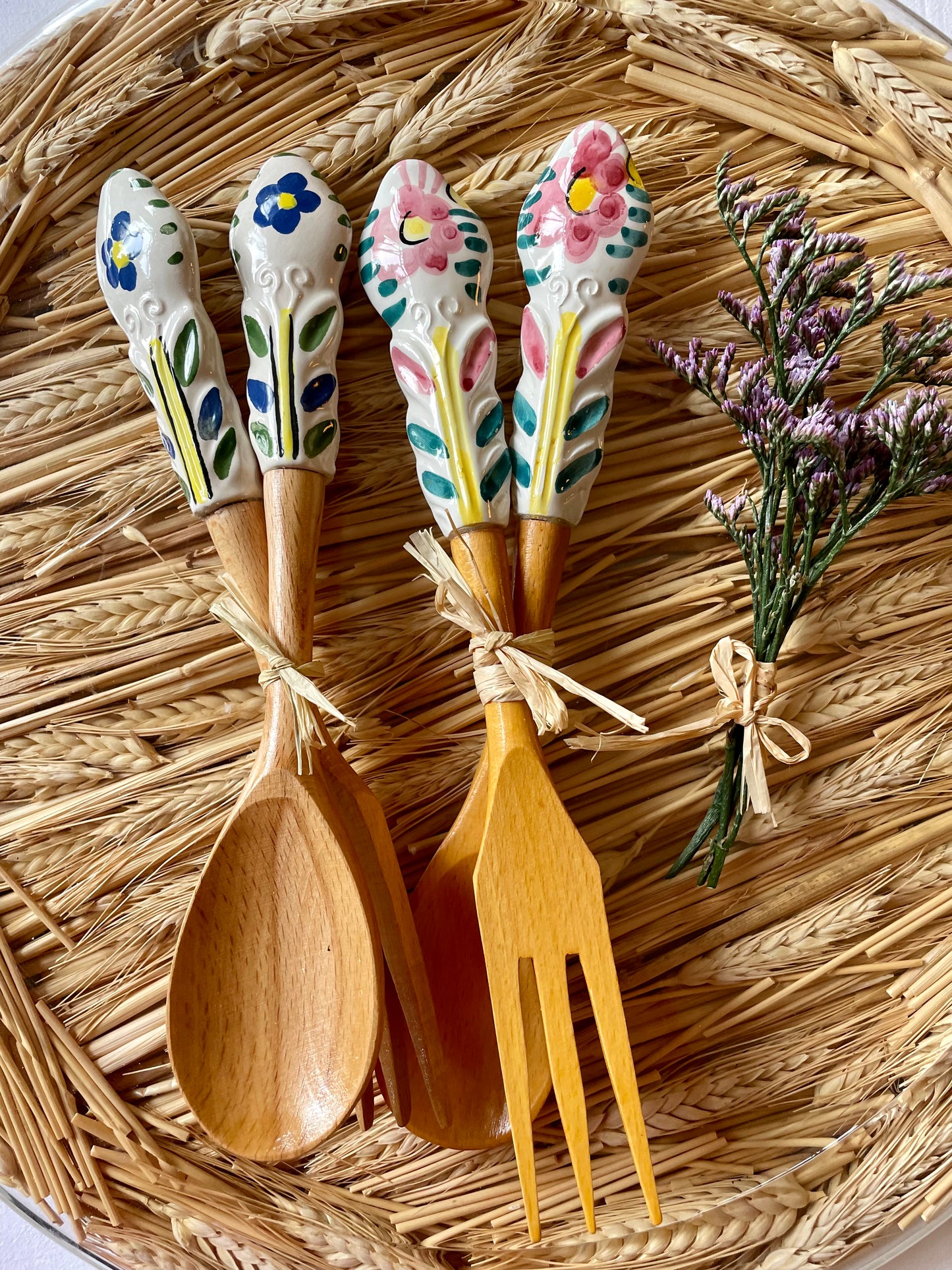 Couverts à salade fleurs bleu