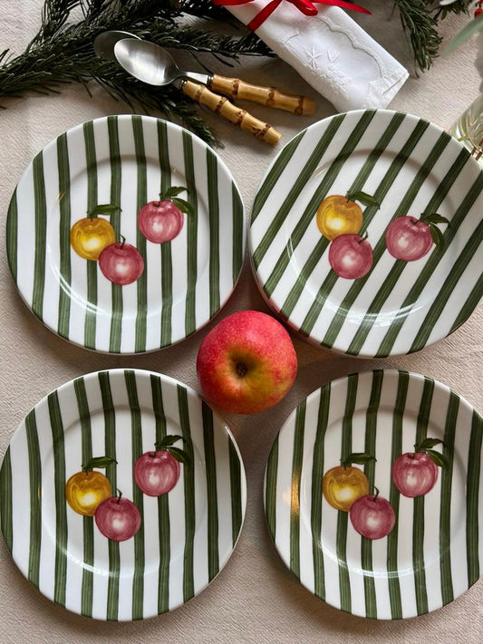 6 assiettes à dessert rayées pommes